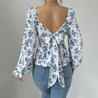Damen Bluse Floralmuster Voluminöse Ärmel Eveloria