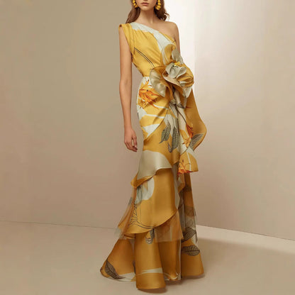 Damen Abendkleid Asymmetrisch Rüschen Eveloria
