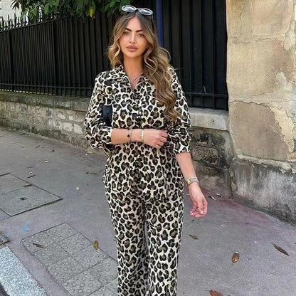 Damen Leinenhose Leopardenmuster Weite Bein