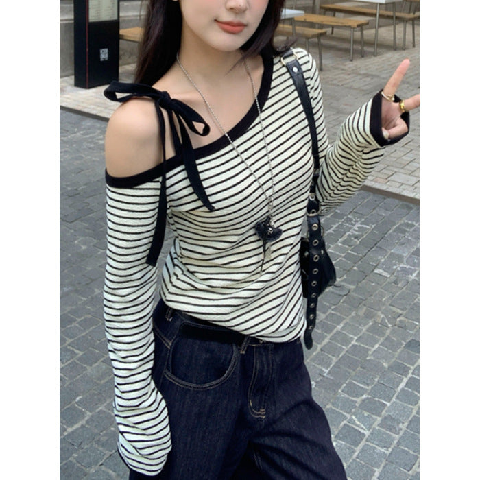 Eveloria Damen Langarmshirt Gestreift Schulterfrei