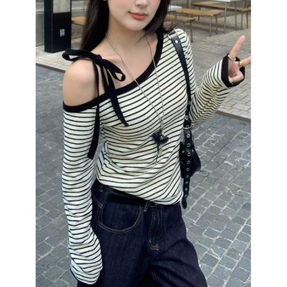 Eveloria Damen Langarmshirt Gestreift Schulterfrei
