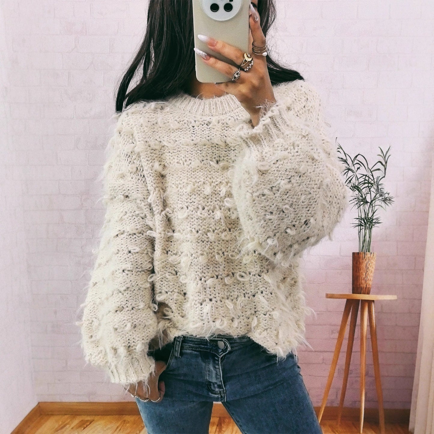 Damen Strickpullover Kuschelig Struktur Oberfläche Beige Eveloria