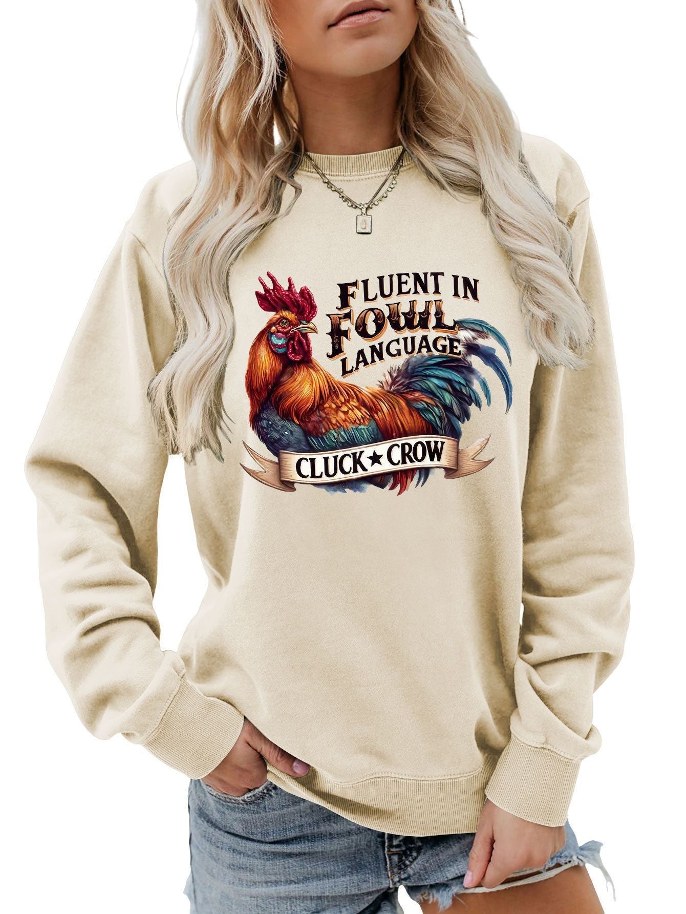 Damen Sweatshirt Hühnermotiv Bequem Grau Eveloria
