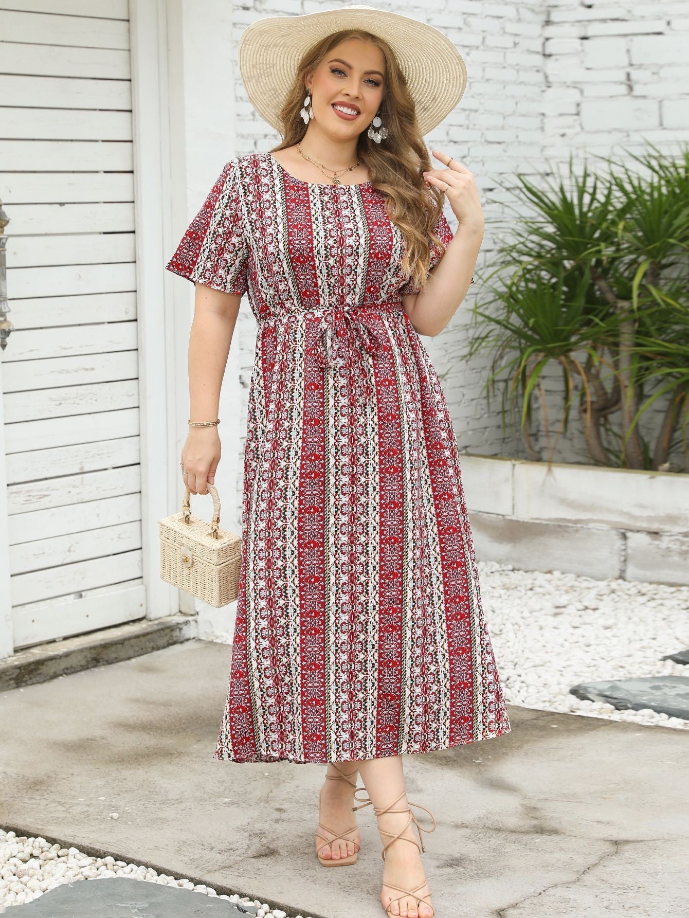 Damen Maxikleid mit Musterung und Band Eveloria