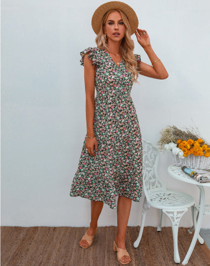Damen A-Linien Kleid Rüschenärmel Floralmuster Eveloria