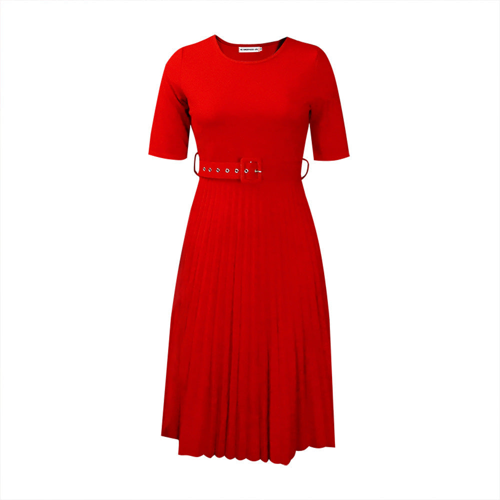 Damen Plissiertes Kleid mit Taillengürtel Kurzärmelig Eveloria