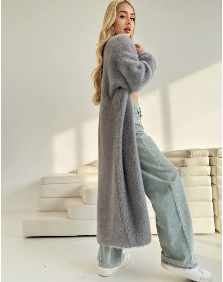 Damen Strickcardigan Lang Kuschelig Eleganter Schnitt Beige