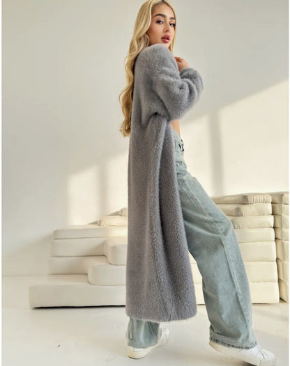Damen Strickcardigan Lang Kuschelig Eleganter Schnitt Beige