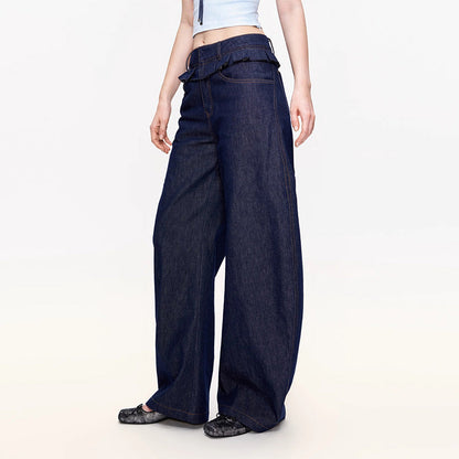 Damen Weite Denim-Hose Hochgeschnitten Mit Falten Blau Eveloria