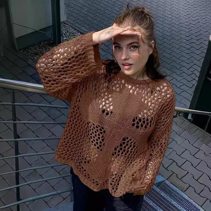 Damen Strickpullover Luftig Offenes Netzdesign Beige