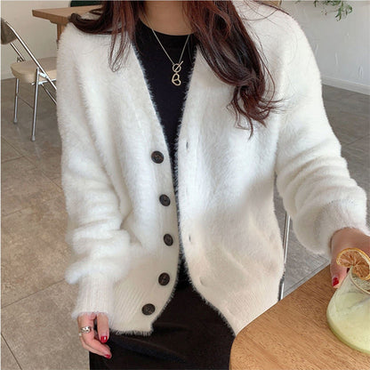 Damen Flauschcardigan Weit mit Knöpfen Beige