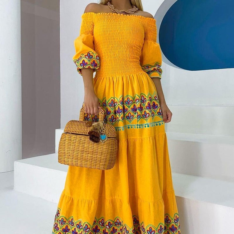 Damen Maxikleid Schulterfrei Stickerei Boho-Stil - Eveloria