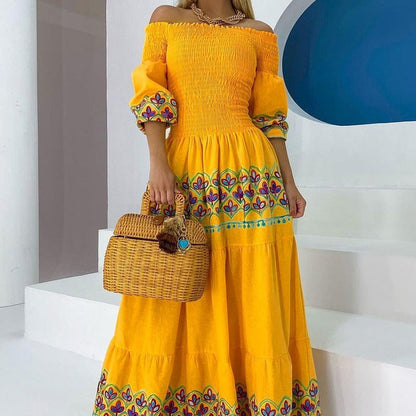 Damen Maxikleid Schulterfrei Stickerei Boho-Stil - Eveloria