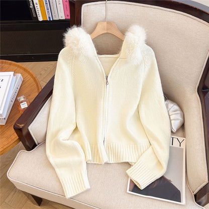 Damen Strickjacke Kuschelig Abnehmbarer Kunstfellkragen Beige