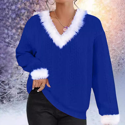 Damen Strickpullover V-Ausschnitt Kontrastpelzbesatz Eveloria
