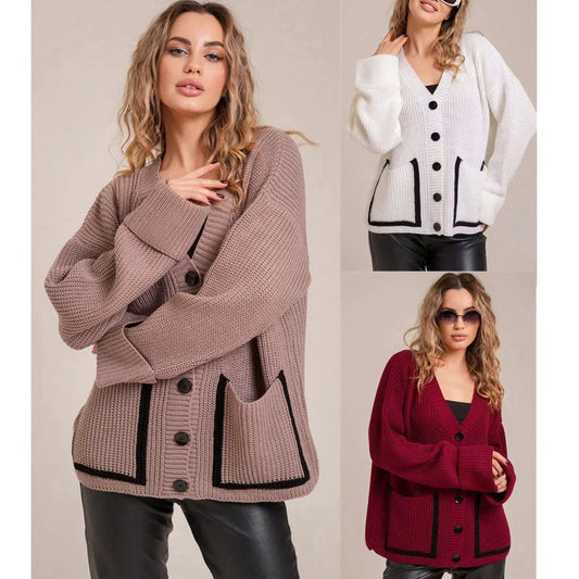 Damen Strickjacke Knöpfe Taschen Beige - Eveloria