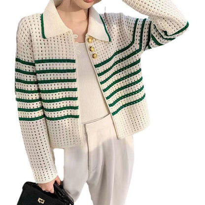Damen Strickcardigan Maritimes Streifenmuster Knöpfe Beige