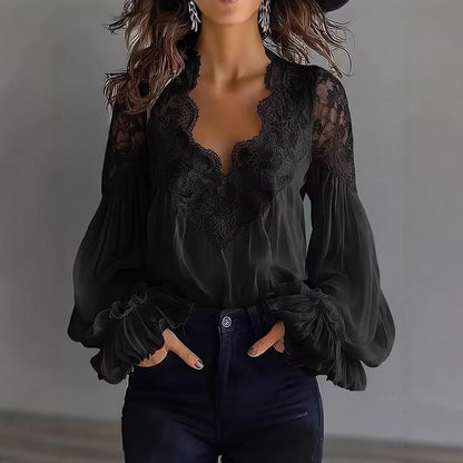 Damen Spitzenbluse mit Volumenärmeln und Blumenmuster