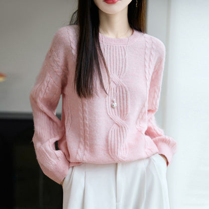 Damen Strickpullover Rundhalsausschnitt Zopfmuster