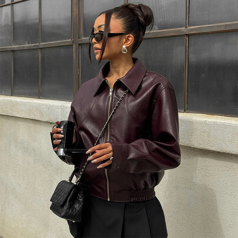 Damen Kunstlederjacke Elastischer Bund Schwarz Eveloria - Eveloria