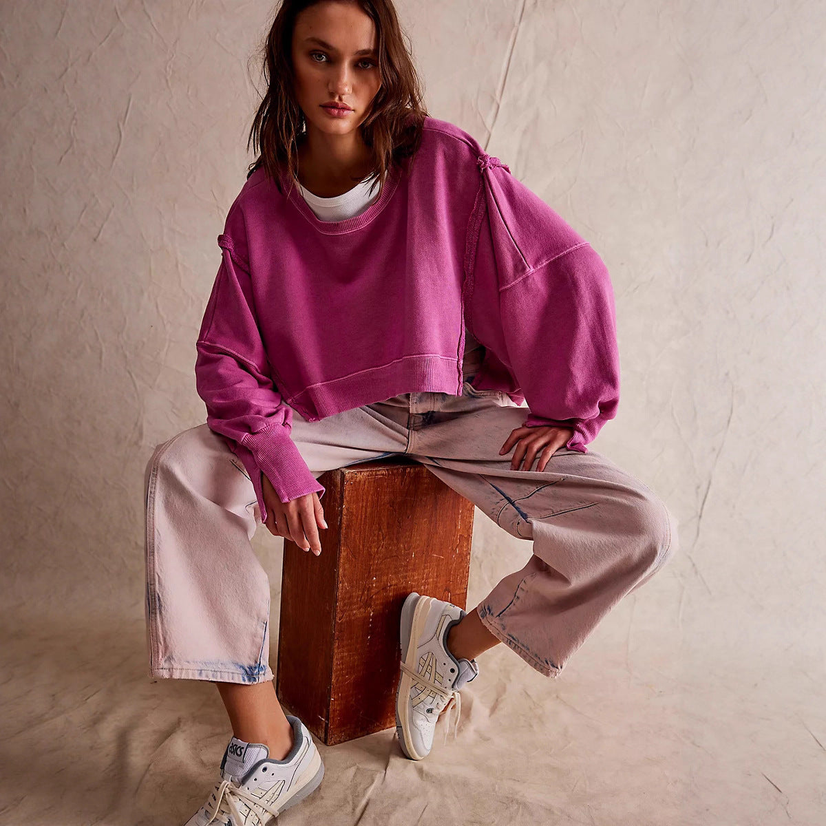 Damen Cropped Sweatpullover Weite Ärmel Grau Eveloria