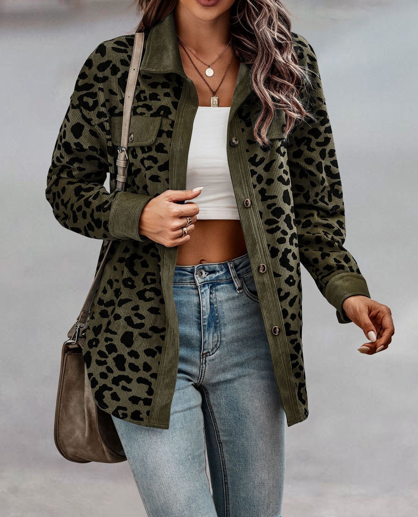 Damen Kordjacke Leo-Print Brusttaschen Eveloria