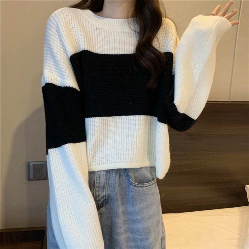 Damen Grobstrickpullover Modernes Farbblockdesign