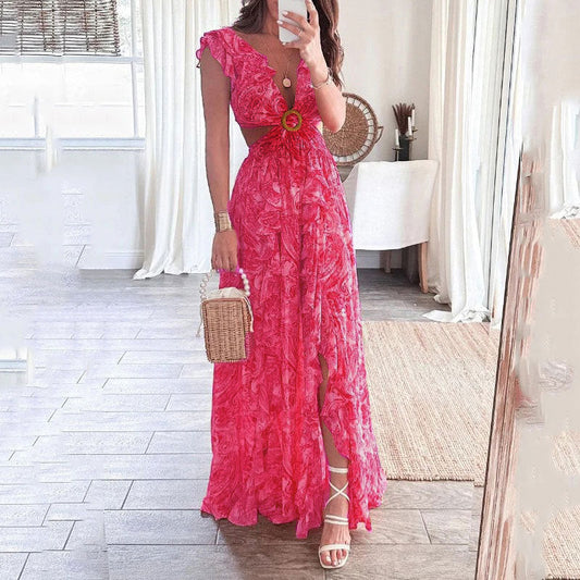 Damen Maxikleid mit hohem Schlitz und Rüschendetails Floral - Eveloria