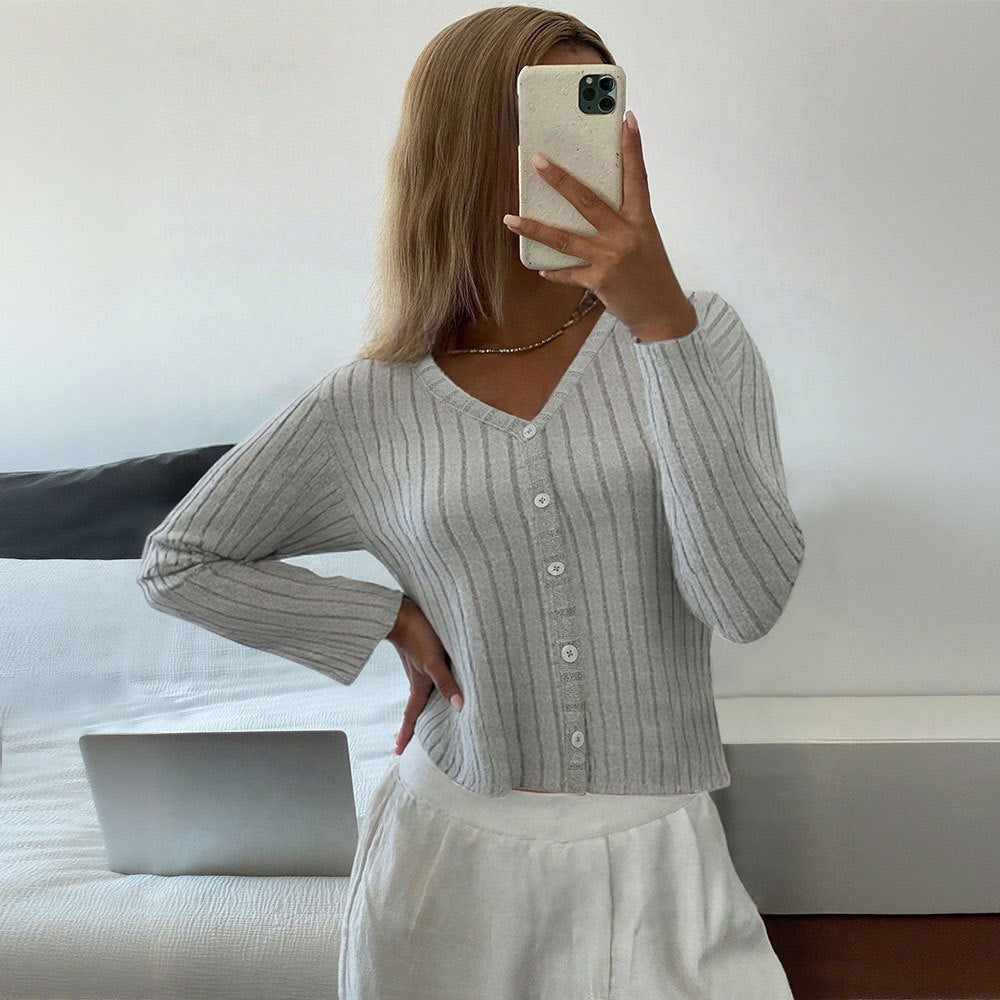 Damen Strickoberteil Feine Rippstrukturen Elegante Knopfleiste - Eveloria