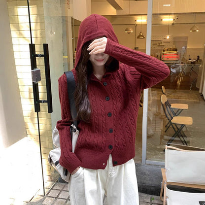 Damen Strickjacke mit Kapuze und Zopfmuster