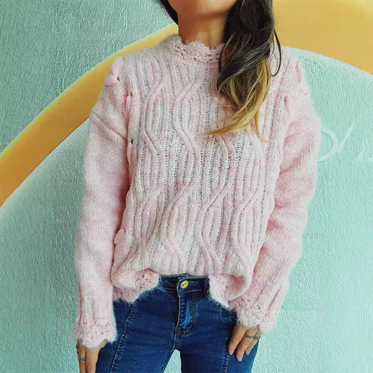 Damen Grobstrickpullover Zopfmuster Schneeflocken Applikationen - Eveloria