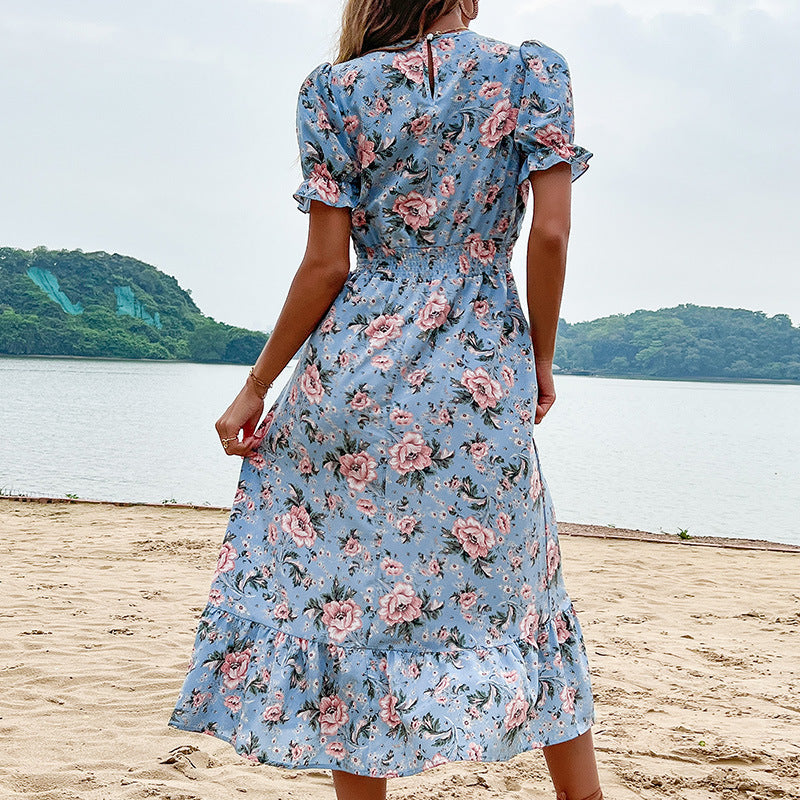 Damen Midikleid Floral Rüschendetails Taillierung