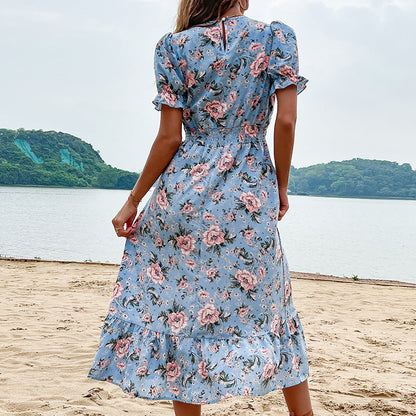 Damen Midikleid Floral Rüschendetails Taillierung