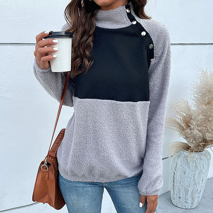 Damen Stehkragenpullover Strukturiertes Design Knopfdetail Eveloria