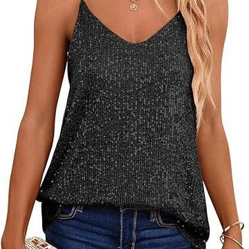 Damen Spaghetti-Trägertop V-Ausschnitt Glitzerdetails Eveloria