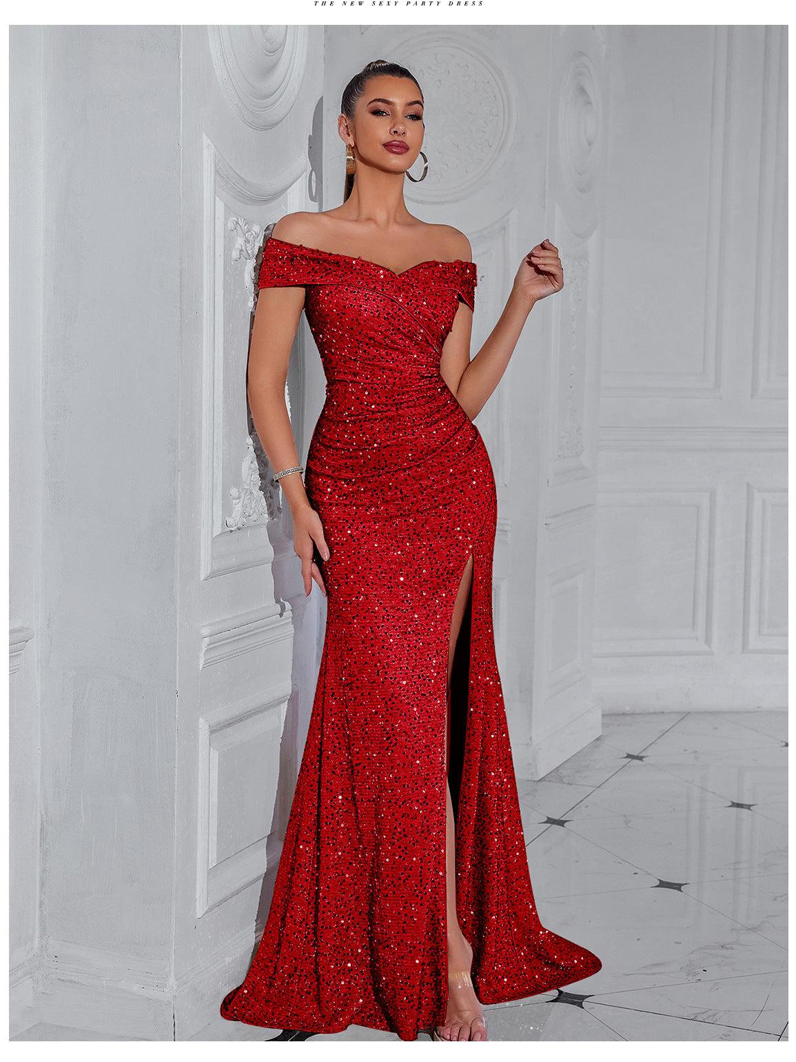 Damen Abendkleid Schulterfrei Pailletten Elegant