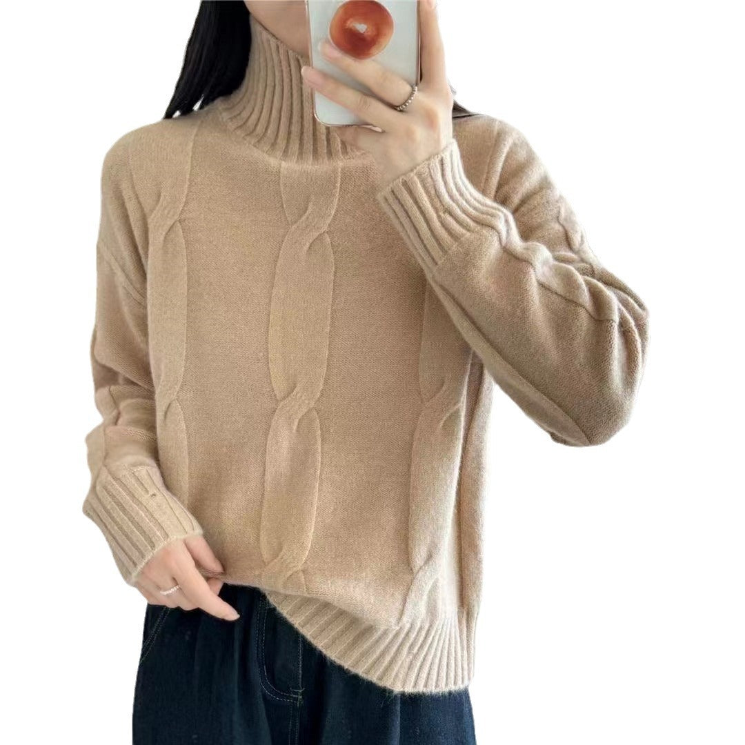 Damen Strickpullover Hochkragen Kabelmuster