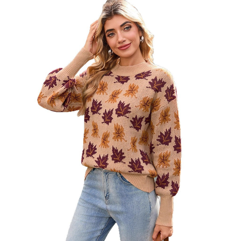 Damen Strickpullover Herbstblätterdesign Eveloria