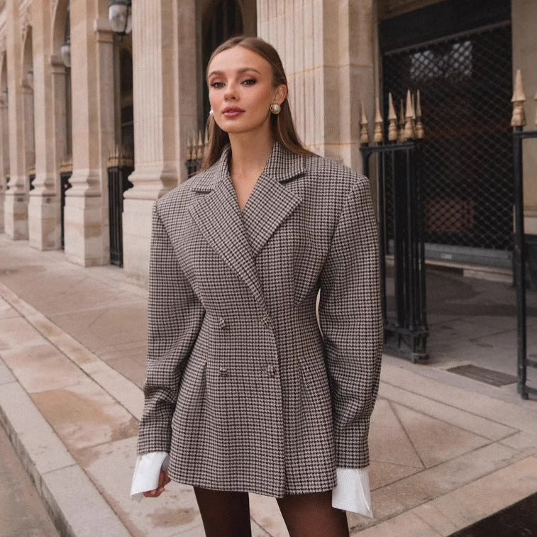 Damen Karo Blazer Oversized Doppelter Knopfverschluss
