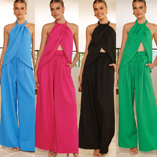 Damen Chiffon-Halster-Jumpsuit Elastischer Taillenzug Schwarz - Eveloria