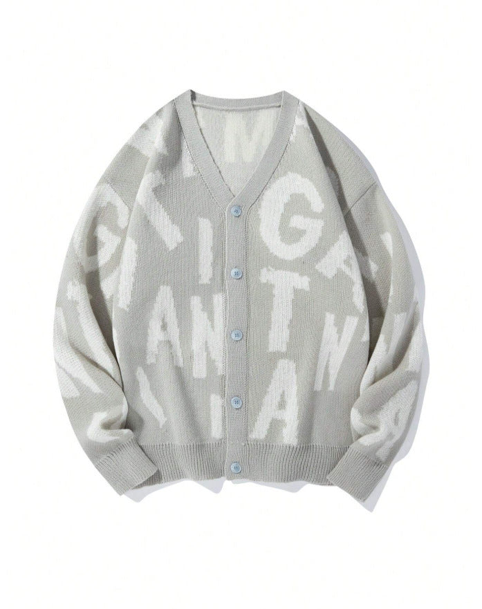 Damen Strickjacke V-Ausschnitt mit Schriftmuster Anthrazit