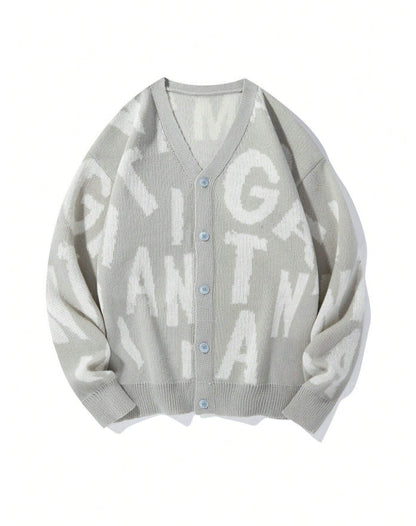 Damen Strickjacke V-Ausschnitt mit Schriftmuster Anthrazit