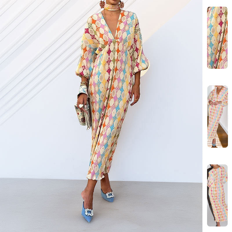 Damen Maxikleid mit geometrischen Mustern Voluminöse Ärmel Eveloria - Eveloria