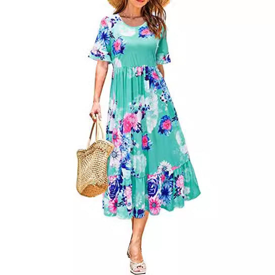 Damen Midikleid Floralmuster Rüschenabschluss Eveloria