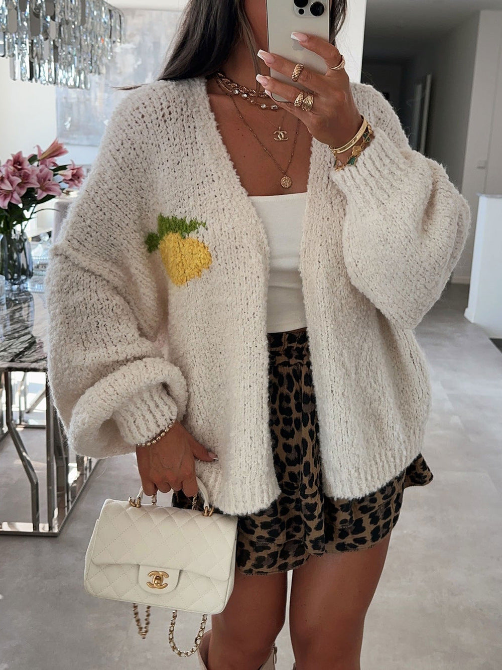 Damen Strickjacke Oversized Obstprint