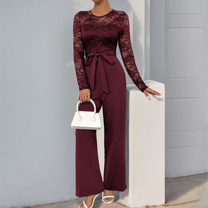 Damen Jumpsuit Spitzenoberteil Taillengürtel Eveloria