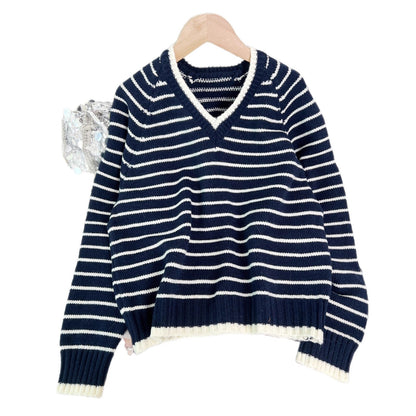 Damen Pullover V-Ausschnitt Streifen Lässig Beige