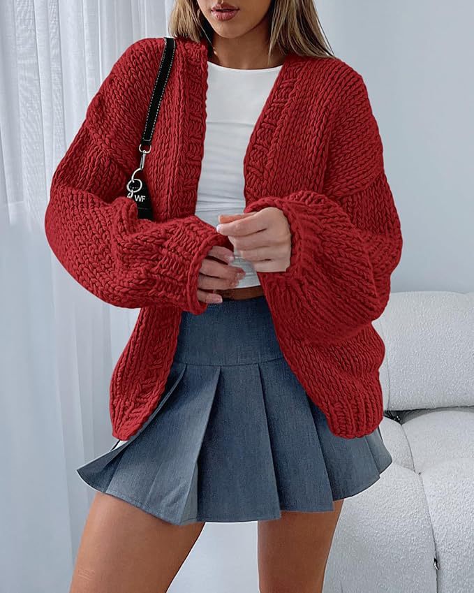 Damen Cardigan Weich Strick Voluminöse Ärmel Offene Front Beige