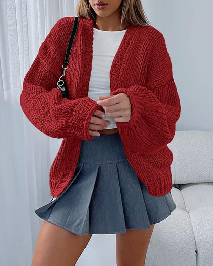 Damen Cardigan Weich Strick Voluminöse Ärmel Offene Front Beige