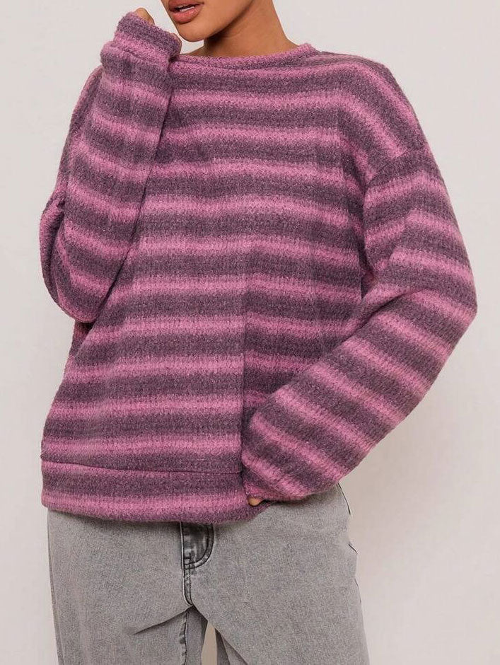 Damen Strickpullover Kuschelfleece Streifenmuster Beige